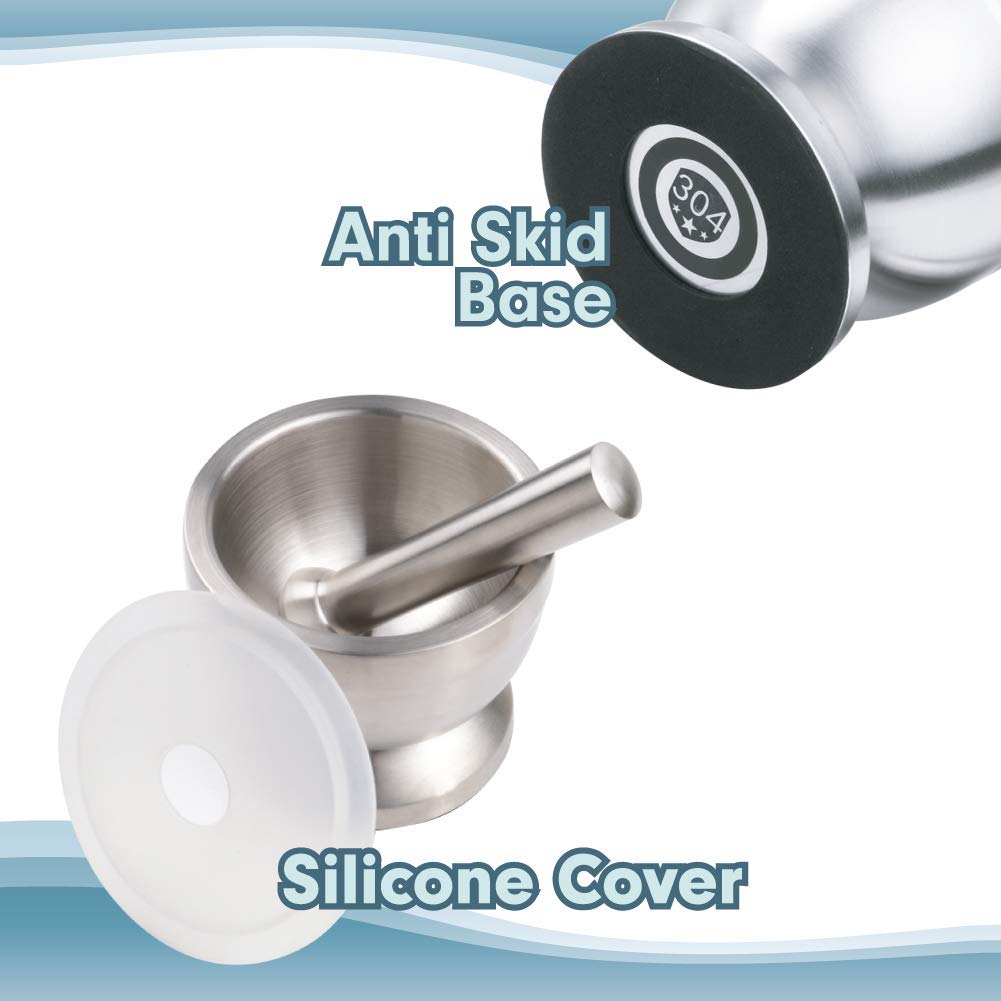 Mortar And Pestle, Sopito 18/8 Stainless Steel Spice Grinder Pill Crusher With Lid For Crushing Grinding Ergonomic Design With A